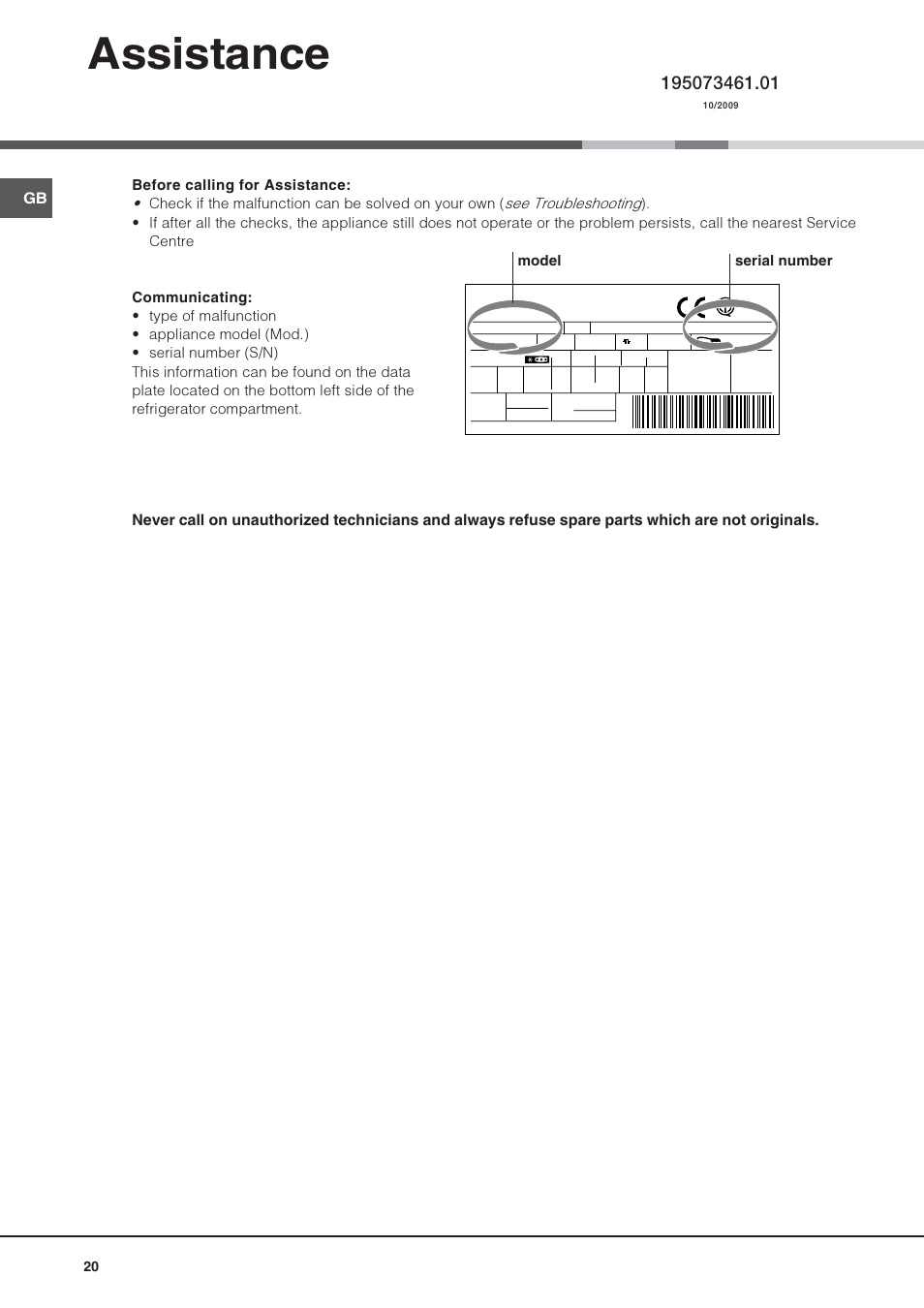 Assistance, Model serial number | Hotpoint Ariston 4D AAB/HA User Manual | Page 20 / 60