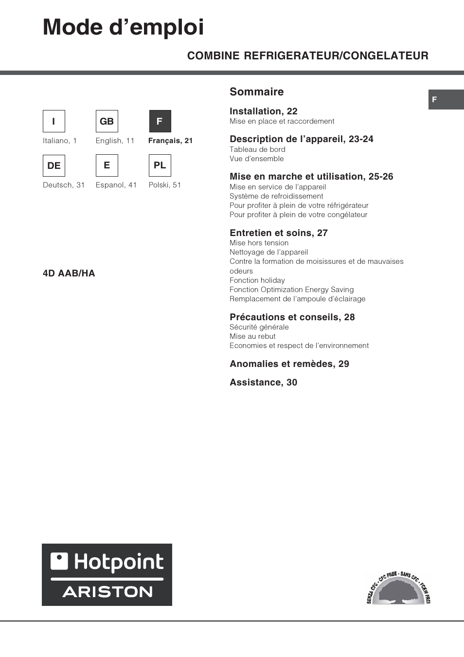 Mode demploi, Combine refrigerateur/congelateur, Sommaire | Hotpoint Ariston 4D AAB/HA User Manual | Page 21 / 60