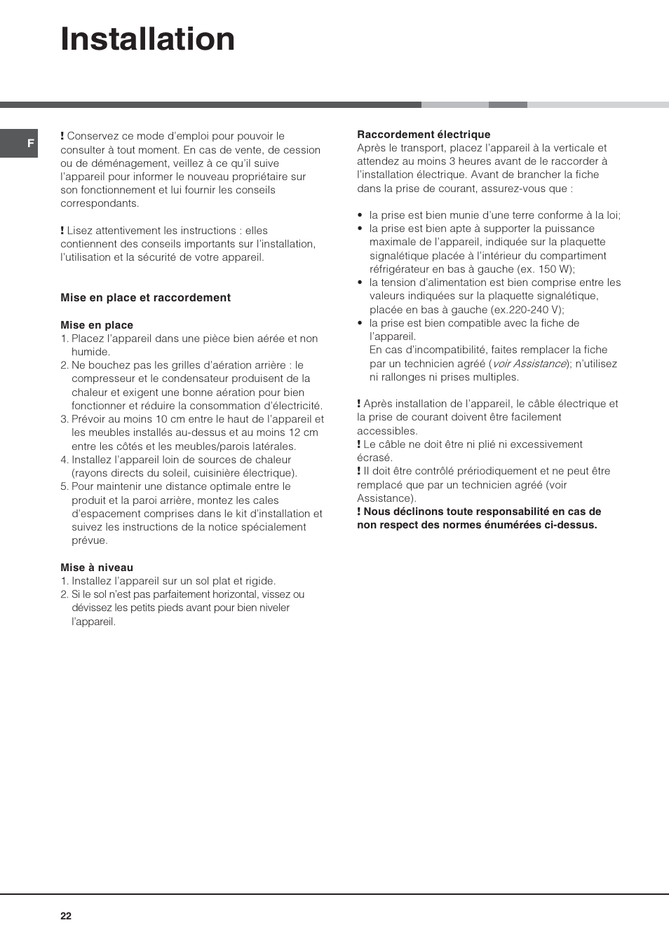 Installation | Hotpoint Ariston 4D AAB/HA User Manual | Page 22 / 60