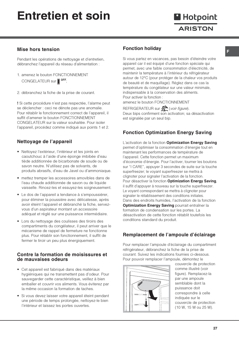 Entretien et soin | Hotpoint Ariston 4D AAB/HA User Manual | Page 27 / 60