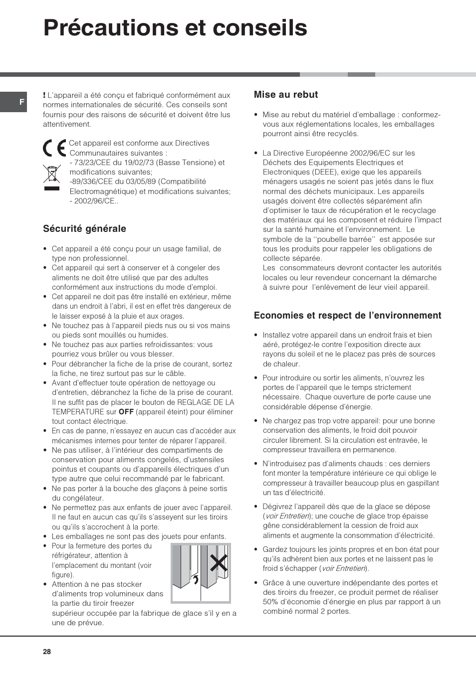 Précautions et conseils, Sécurité générale, Mise au rebut | Economies et respect de lenvironnement | Hotpoint Ariston 4D AAB/HA User Manual | Page 28 / 60