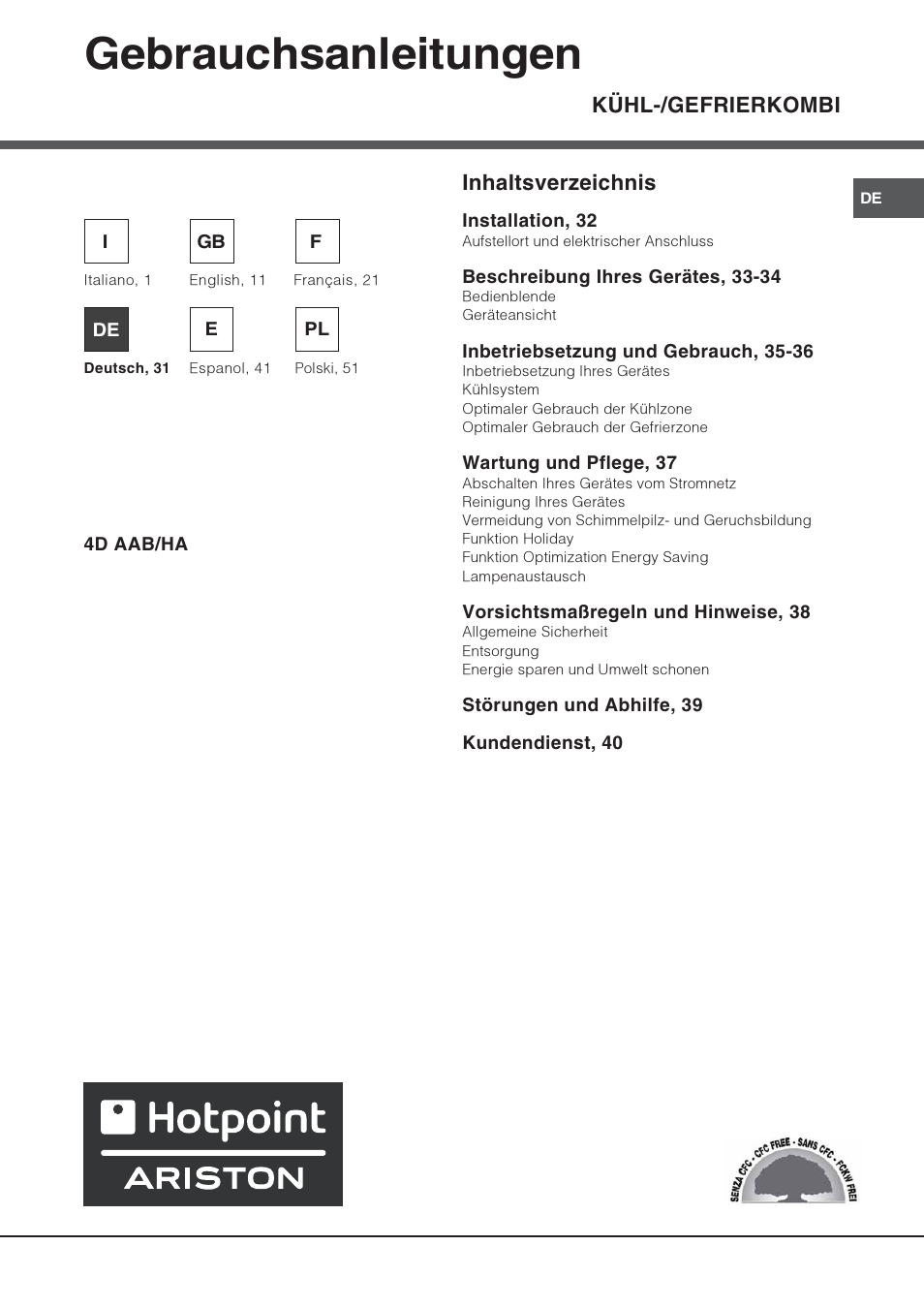 Gebrauchsanleitungen, Kühl-/gefrierkombi inhaltsverzeichnis | Hotpoint Ariston 4D AAB/HA User Manual | Page 31 / 60