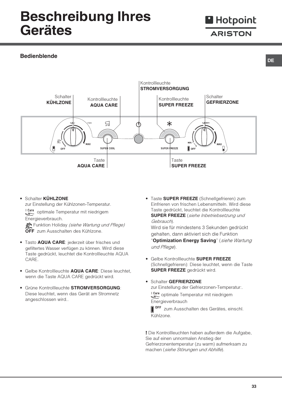 Beschreibung ihres gerätes | Hotpoint Ariston 4D AAB/HA User Manual | Page 33 / 60