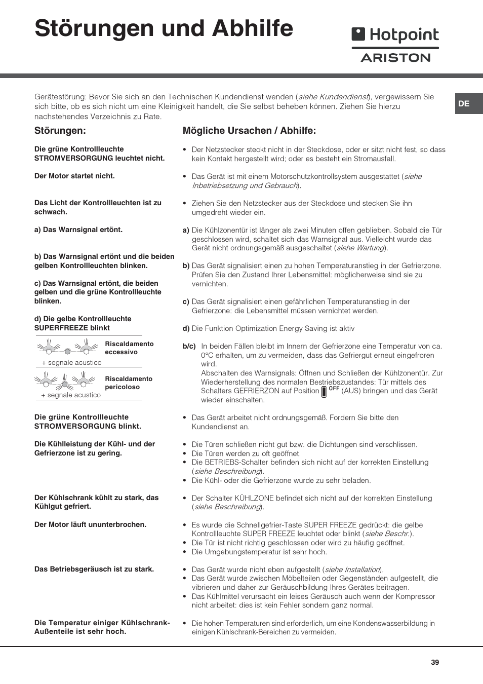 Störungen und abhilfe, Störungen, Mögliche ursachen / abhilfe | Hotpoint Ariston 4D AAB/HA User Manual | Page 39 / 60