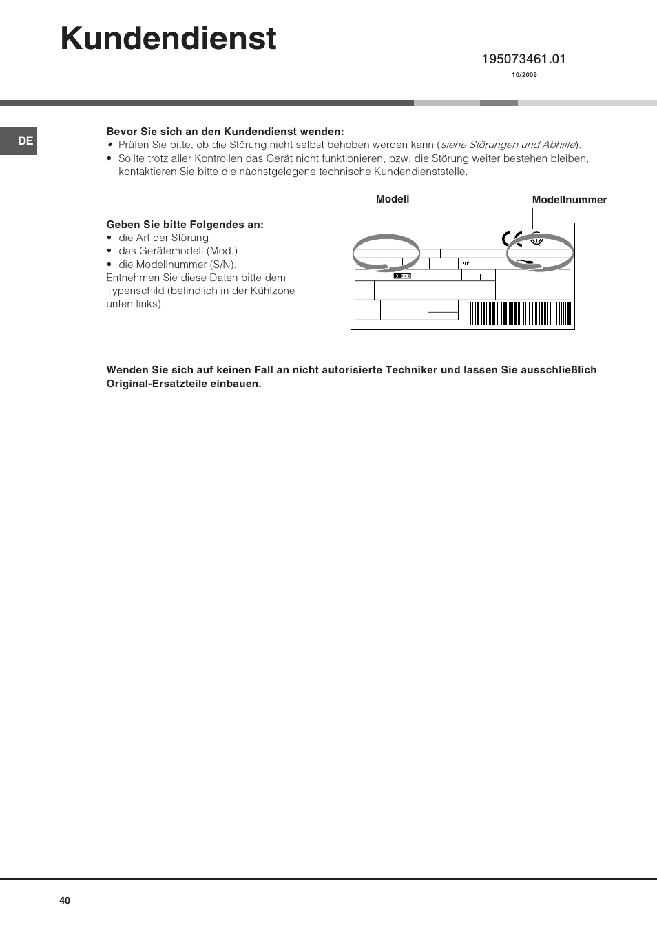 Kundendienst, Modell modellnummer | Hotpoint Ariston 4D AAB/HA User Manual | Page 40 / 60