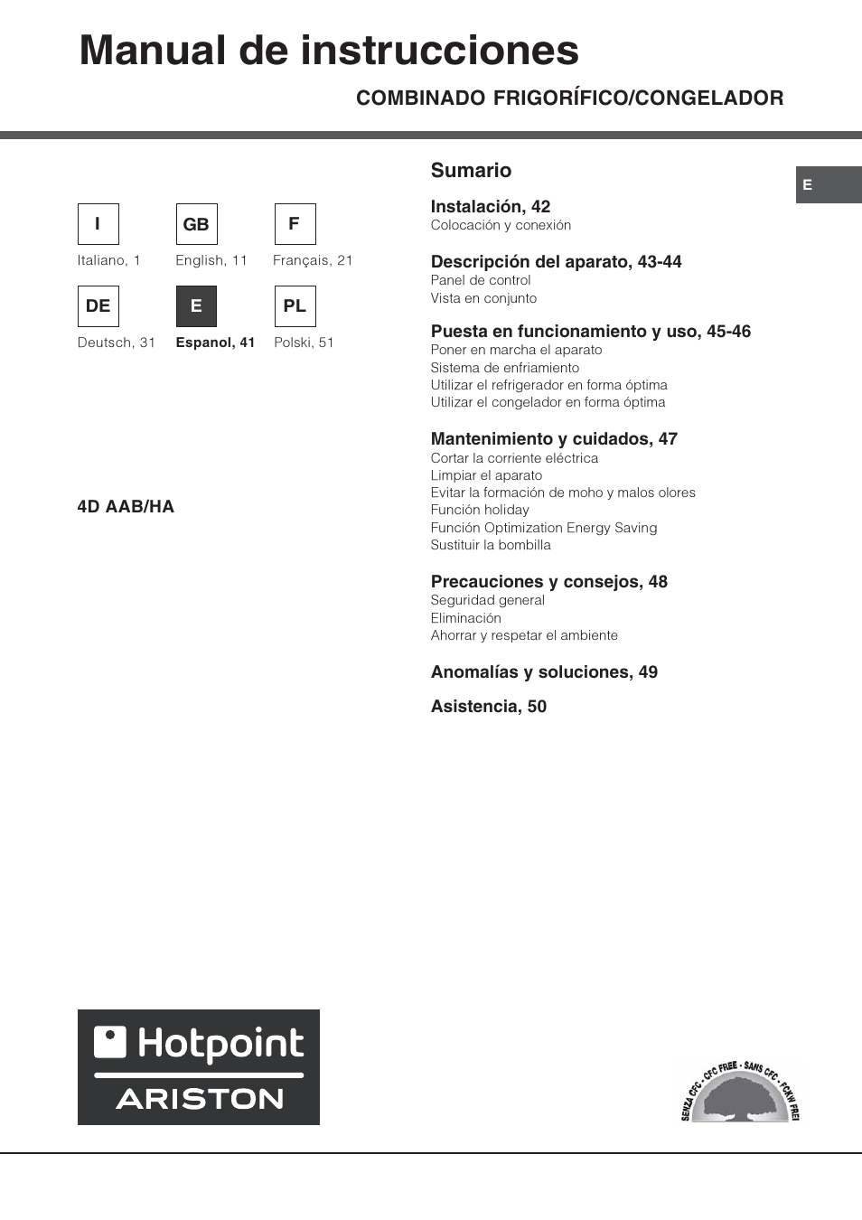 Manual de instrucciones, Combinado frigorífico/congelador, Sumario | Hotpoint Ariston 4D AAB/HA User Manual | Page 41 / 60