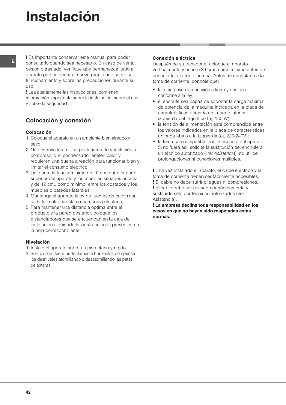 Instalación, Colocación y conexión | Hotpoint Ariston 4D AAB/HA User Manual | Page 42 / 60