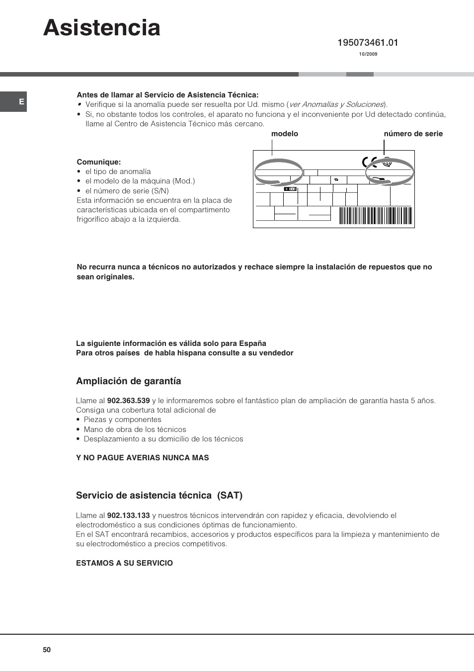 Asistencia, Ampliación de garantía, Servicio de asistencia técnica (sat) | Hotpoint Ariston 4D AAB/HA User Manual | Page 50 / 60