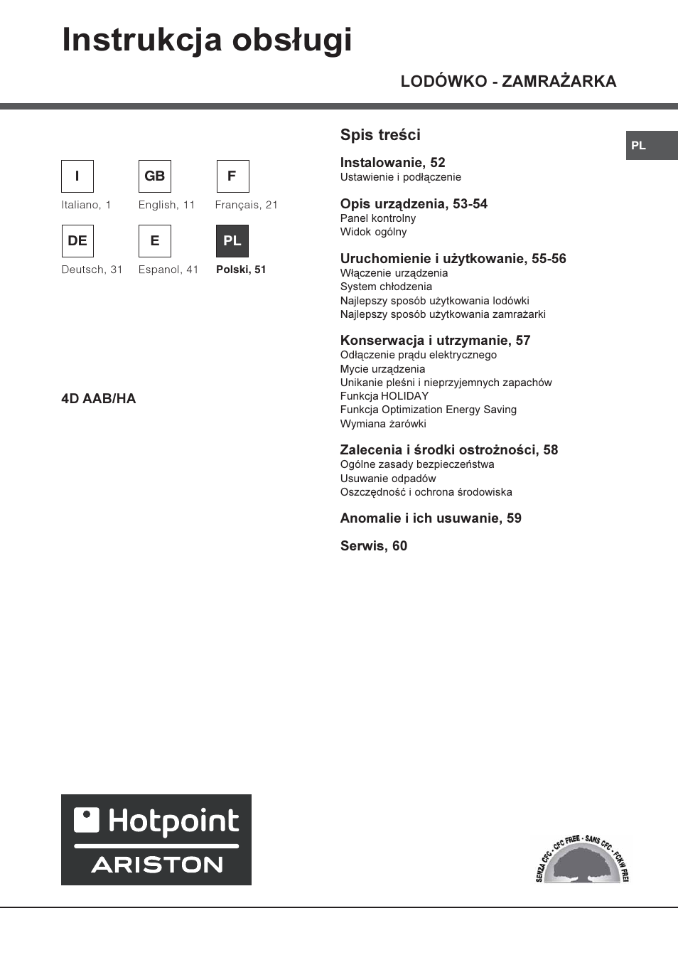 Instrukcja obs³ugi, Lodówko - zamra¯arka, Spis treci | Hotpoint Ariston 4D AAB/HA User Manual | Page 51 / 60