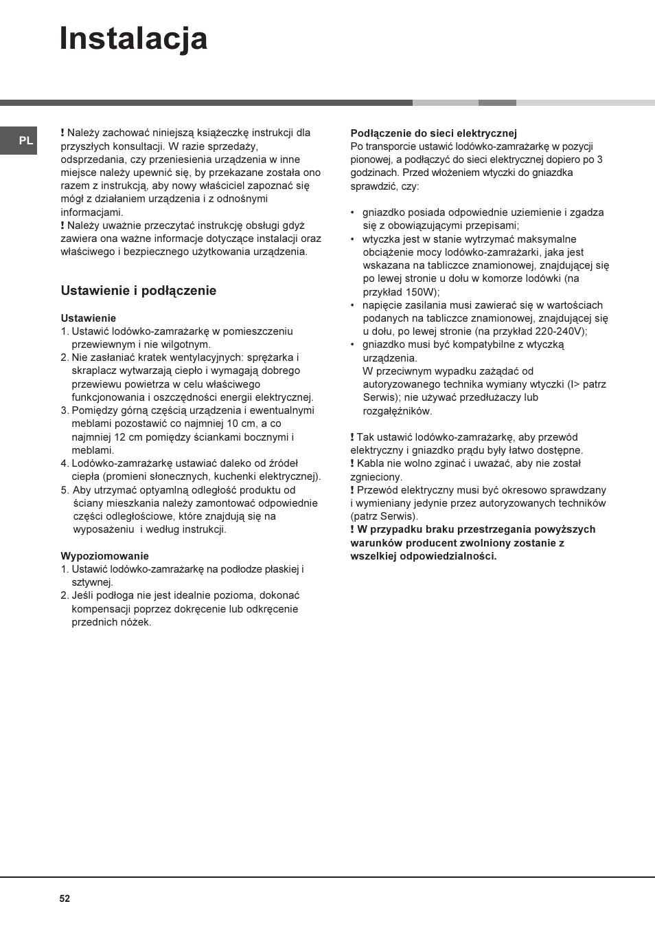 Instalacja, Ustawienie i pod³¹czenie | Hotpoint Ariston 4D AAB/HA User Manual | Page 52 / 60