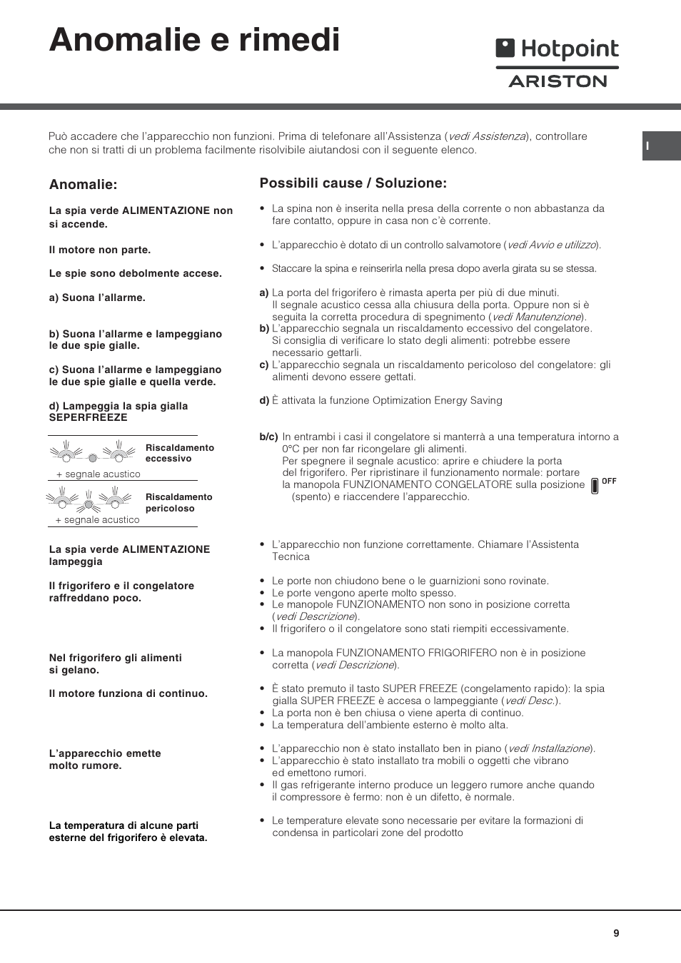 Anomalie e rimedi, Anomalie, Possibili cause / soluzione | Hotpoint Ariston 4D AAB/HA User Manual | Page 9 / 60