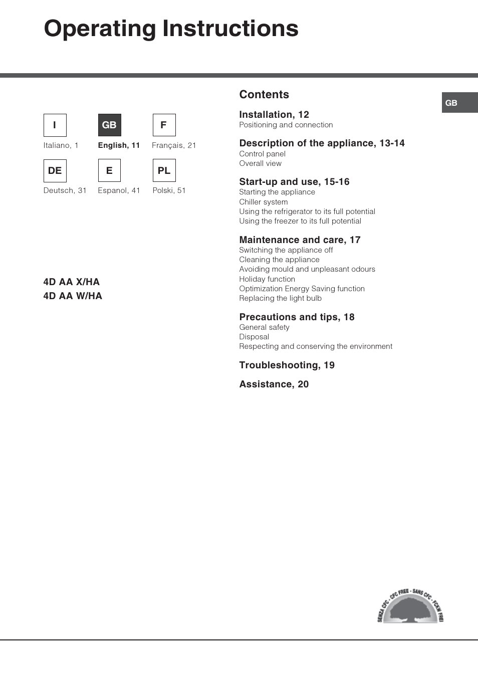 Operating instructions, Refrigerator/freezer combination contents | Hotpoint Ariston Combiné Quadrio 4D AA W-HA User Manual | Page 11 / 60