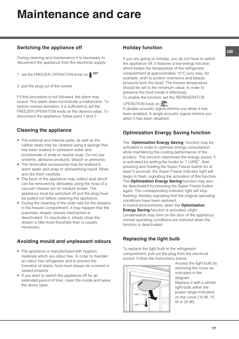 Maintenance and care | Hotpoint Ariston Combiné Quadrio 4D AA W-HA User Manual | Page 17 / 60