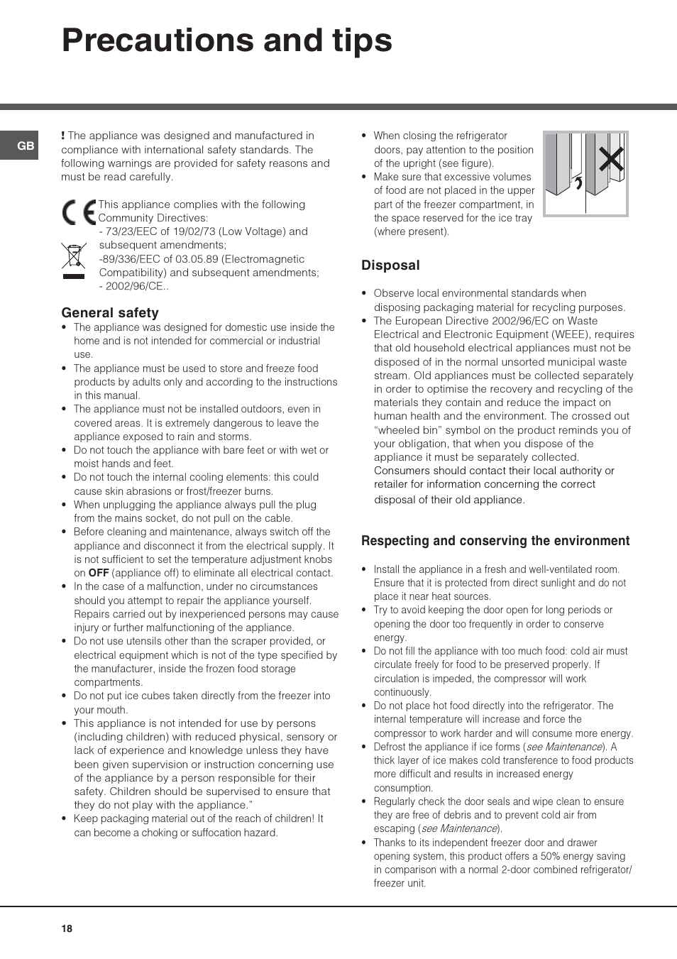 Precautions and tips, Disposal, Respecting and conserving the environment | General safety | Hotpoint Ariston Combiné Quadrio 4D AA W-HA User Manual | Page 18 / 60