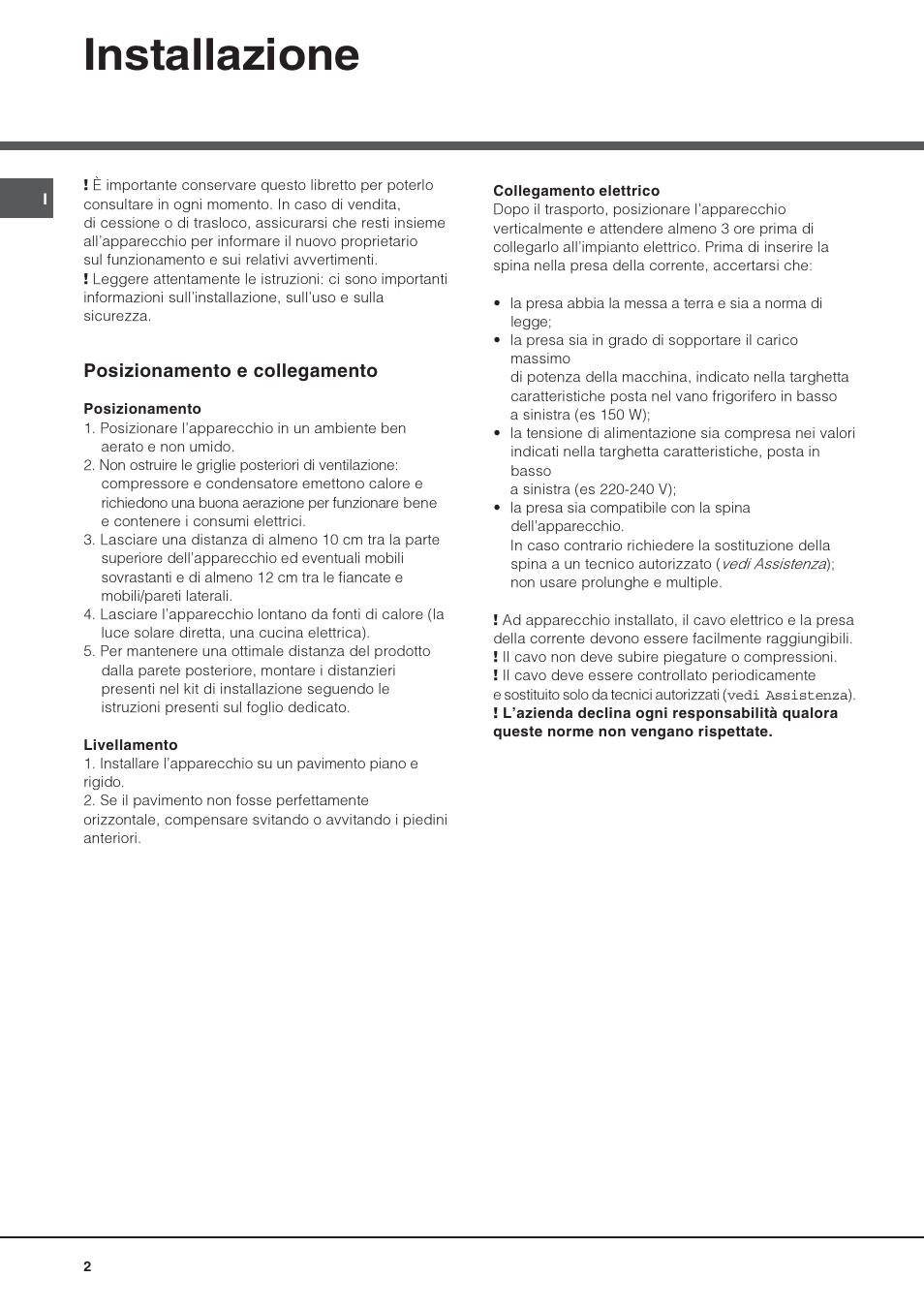 Installazione, Posizionamento e collegamento | Hotpoint Ariston Combiné Quadrio 4D AA W-HA User Manual | Page 2 / 60