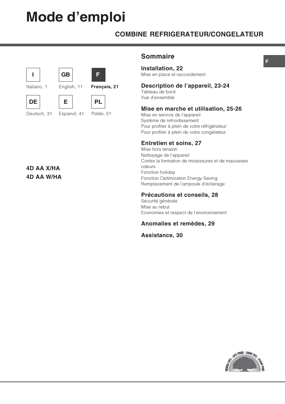 Mode demploi, Combine refrigerateur/congelateur, Sommaire | Hotpoint Ariston Combiné Quadrio 4D AA W-HA User Manual | Page 21 / 60