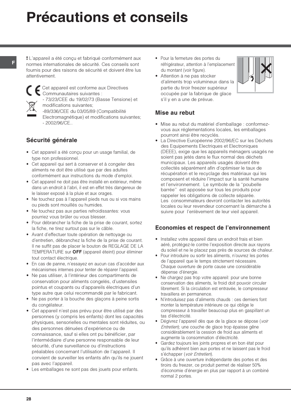 Précautions et conseils, Sécurité générale, Mise au rebut | Economies et respect de lenvironnement | Hotpoint Ariston Combiné Quadrio 4D AA W-HA User Manual | Page 28 / 60