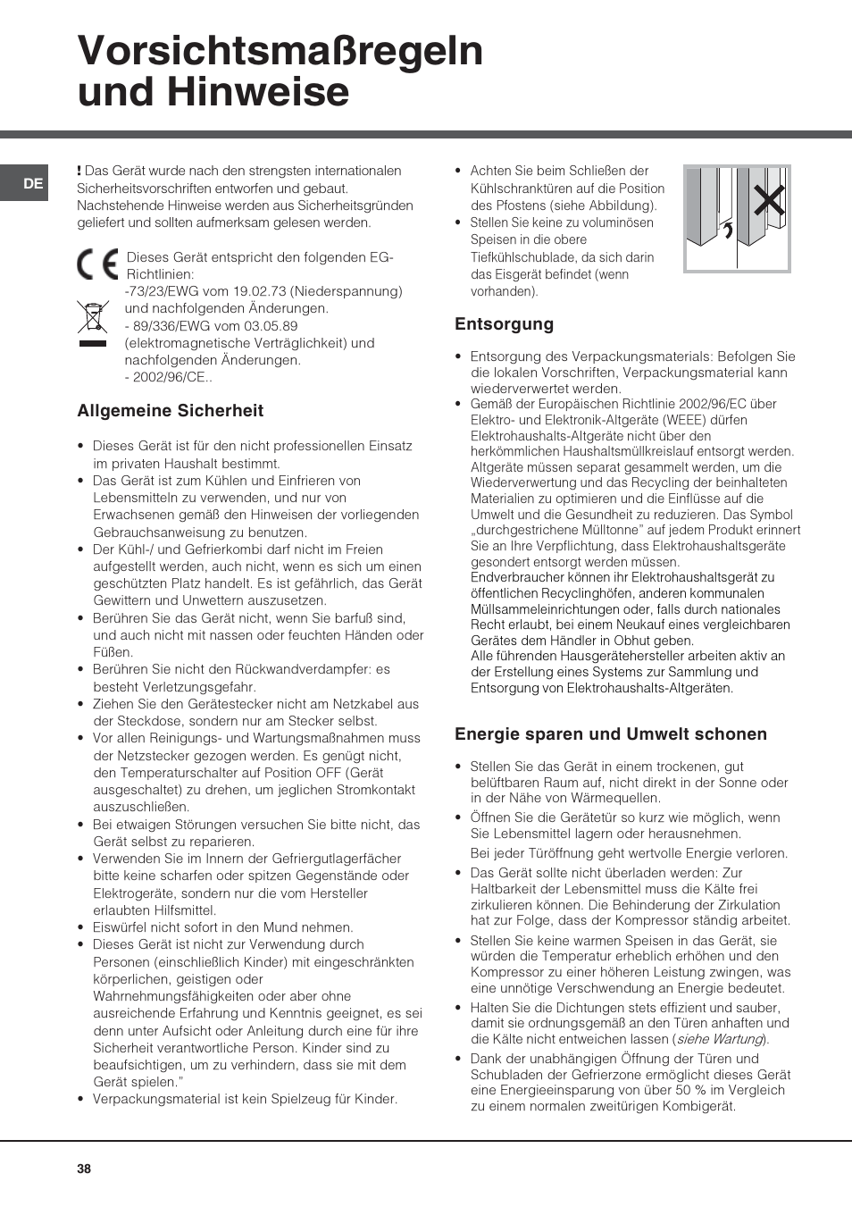 Vorsichtsmaßregeln und hinweise | Hotpoint Ariston Combiné Quadrio 4D AA W-HA User Manual | Page 38 / 60