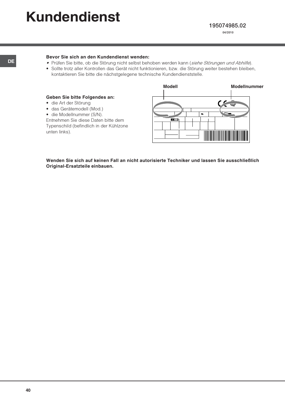 Kundendienst, Modell modellnummer | Hotpoint Ariston Combiné Quadrio 4D AA W-HA User Manual | Page 40 / 60