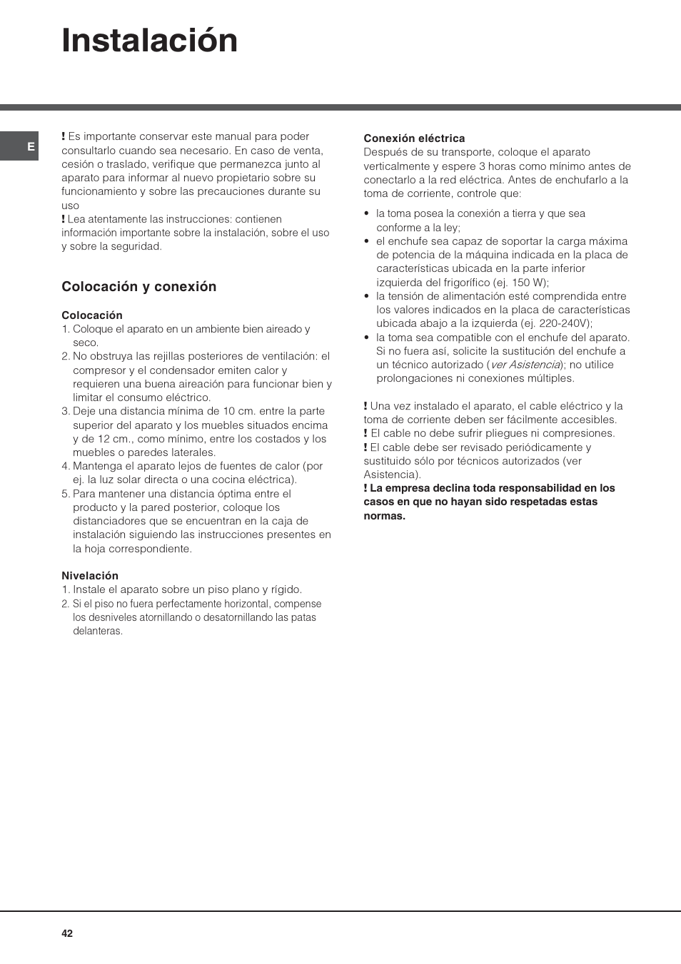 Instalación, Colocación y conexión | Hotpoint Ariston Combiné Quadrio 4D AA W-HA User Manual | Page 42 / 60