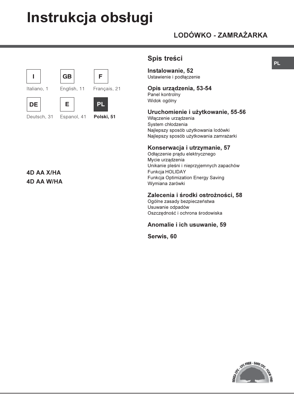 Instrukcja obs³ugi, Lodówko - zamra¯arka, Spis treci | Hotpoint Ariston Combiné Quadrio 4D AA W-HA User Manual | Page 51 / 60