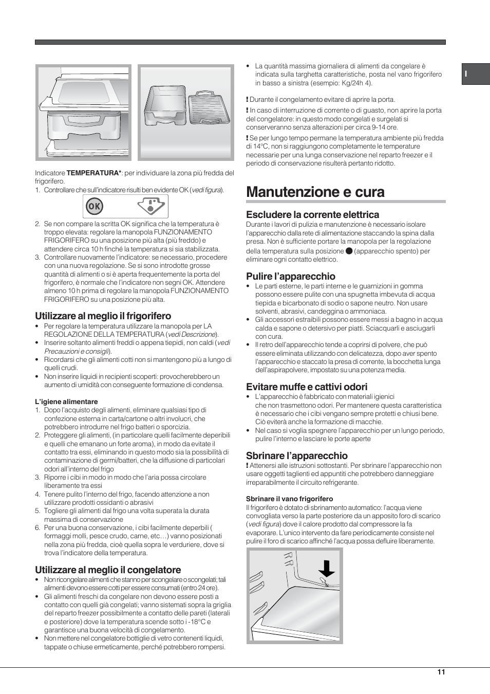 Manutenzione e cura, Utilizzare al meglio il frigorifero, Utilizzare al meglio il congelatore | Escludere la corrente elettrica, Pulire l’apparecchio, Evitare muffe e cattivi odori, Sbrinare l’apparecchio | Hotpoint Ariston Double porte NMTM 1921 VWB-HA User Manual | Page 11 / 44