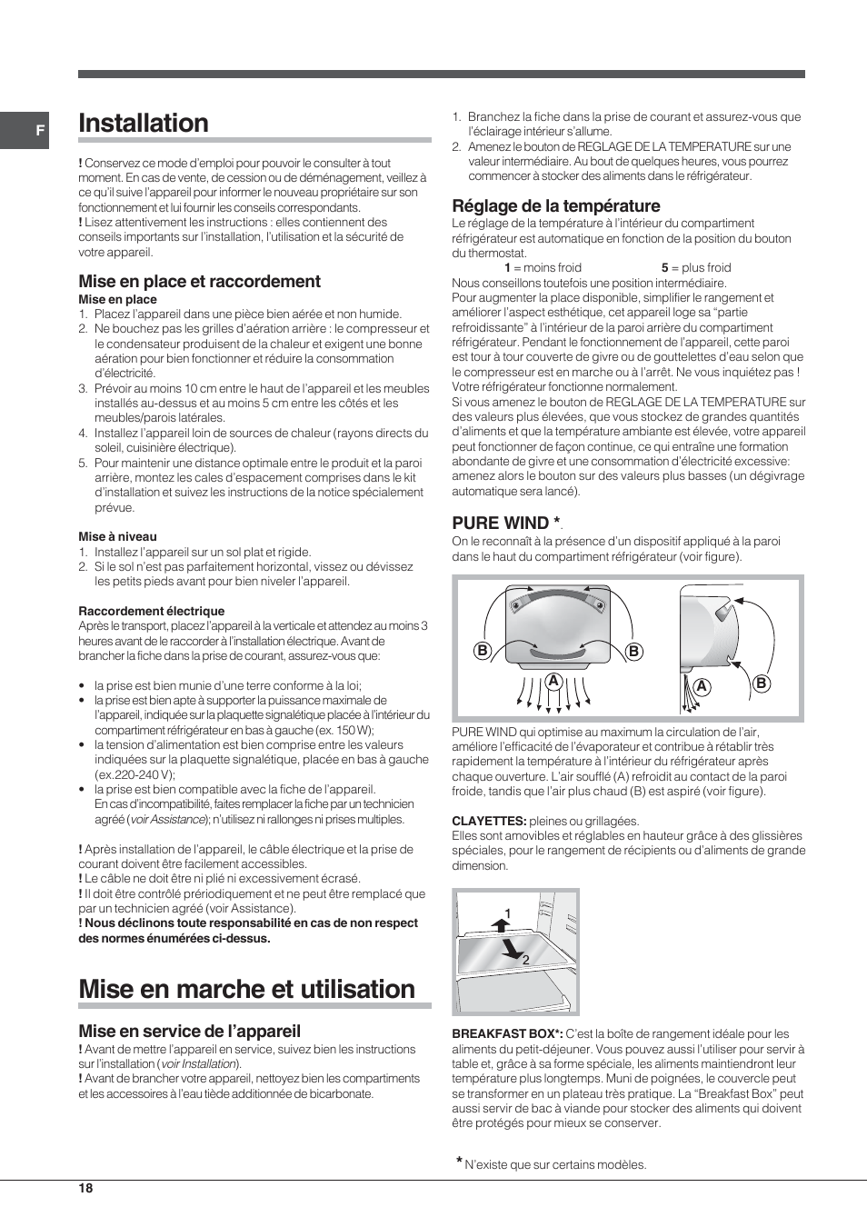 Installation, Mise en marche et utilisation, Mise en place et raccordement | Mise en service de l’appareil, Réglage de la température, Pure wind | Hotpoint Ariston Double porte NMTM 1921 VWB-HA User Manual | Page 18 / 44