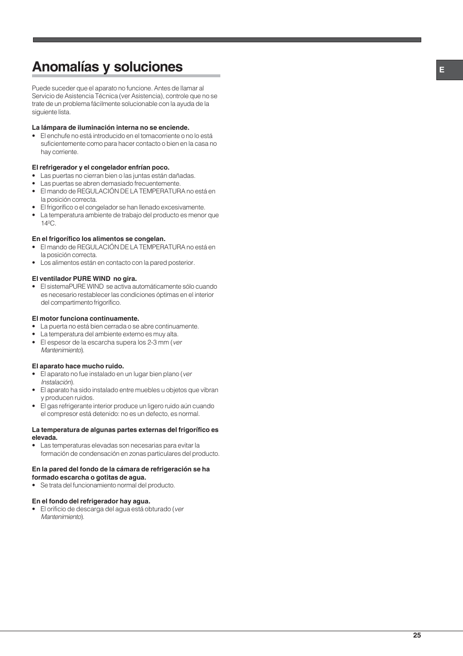 Anomalías y soluciones | Hotpoint Ariston Double porte NMTM 1921 VWB-HA User Manual | Page 25 / 44