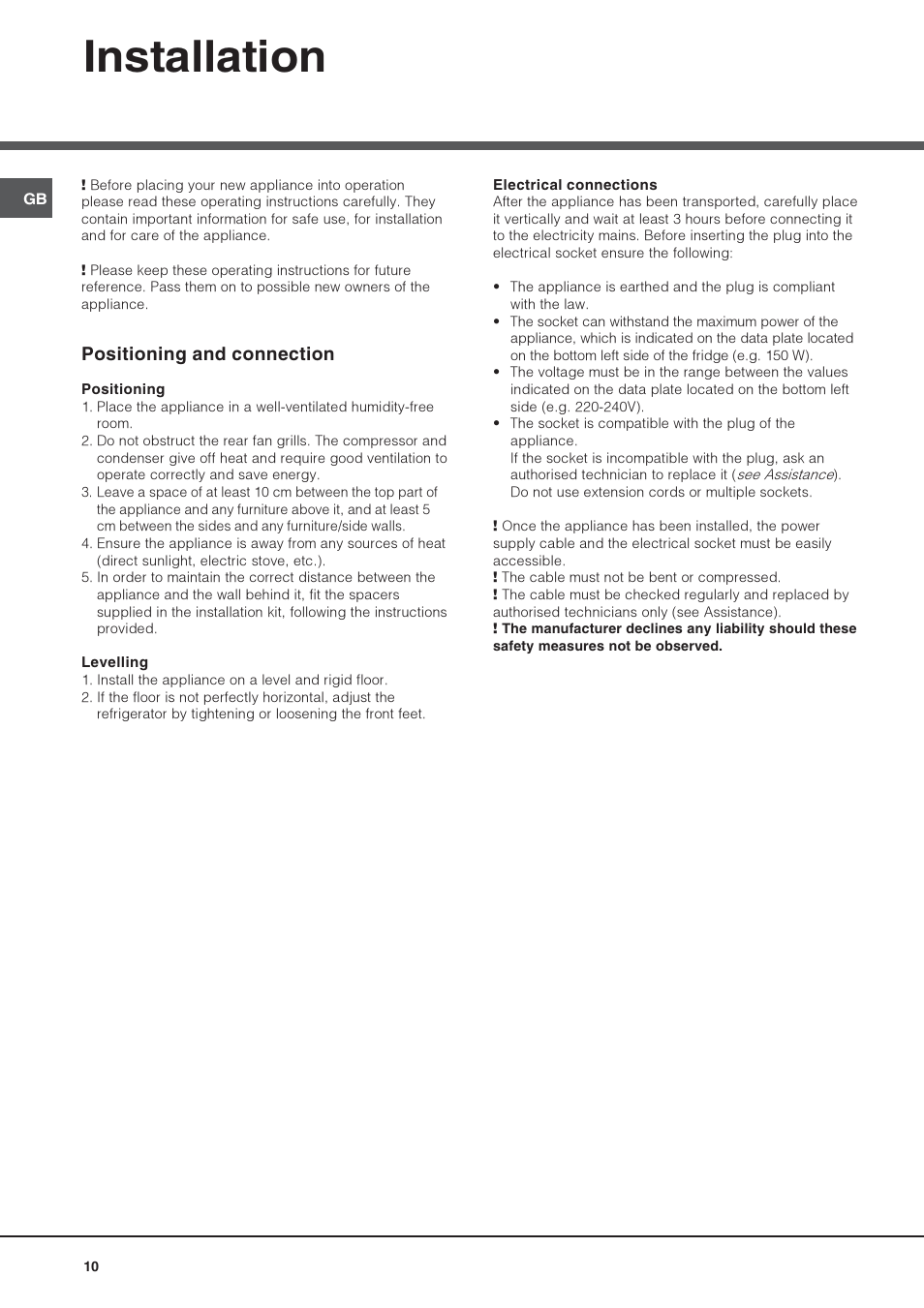 Installation, Positioning and connection | Hotpoint Ariston Double porte NMTM 1922 FWB-HA User Manual | Page 10 / 40