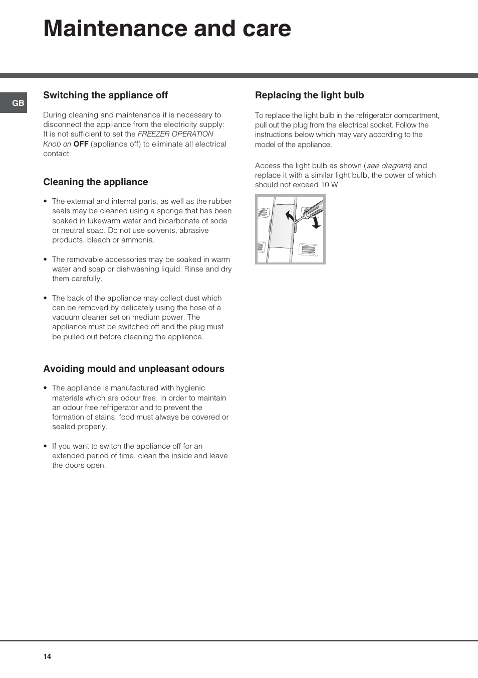 Maintenance and care | Hotpoint Ariston Double porte NMTM 1922 FWB-HA User Manual | Page 14 / 40