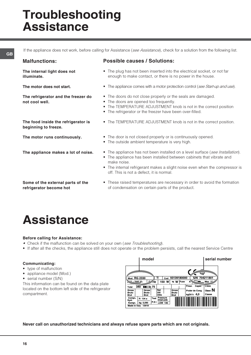 Troubleshooting assistance, Assistance | Hotpoint Ariston Double porte NMTM 1922 FWB-HA User Manual | Page 16 / 40