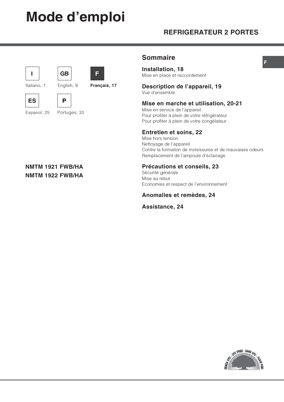 Mode demploi, Refrigerateur 2 portes, Sommaire | Hotpoint Ariston Double porte NMTM 1922 FWB-HA User Manual | Page 17 / 40