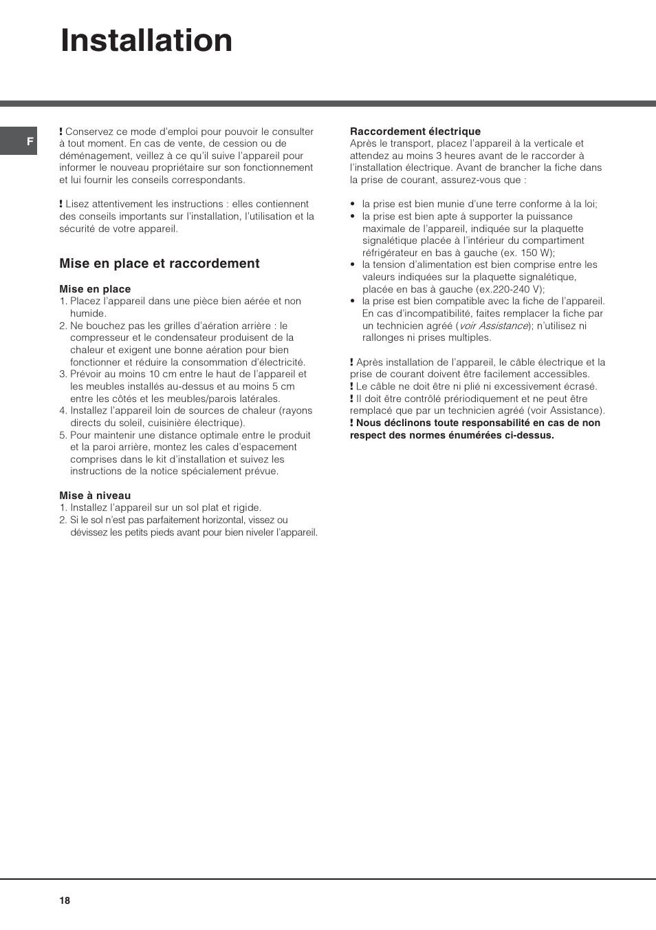 Installation, Mise en place et raccordement | Hotpoint Ariston Double porte NMTM 1922 FWB-HA User Manual | Page 18 / 40