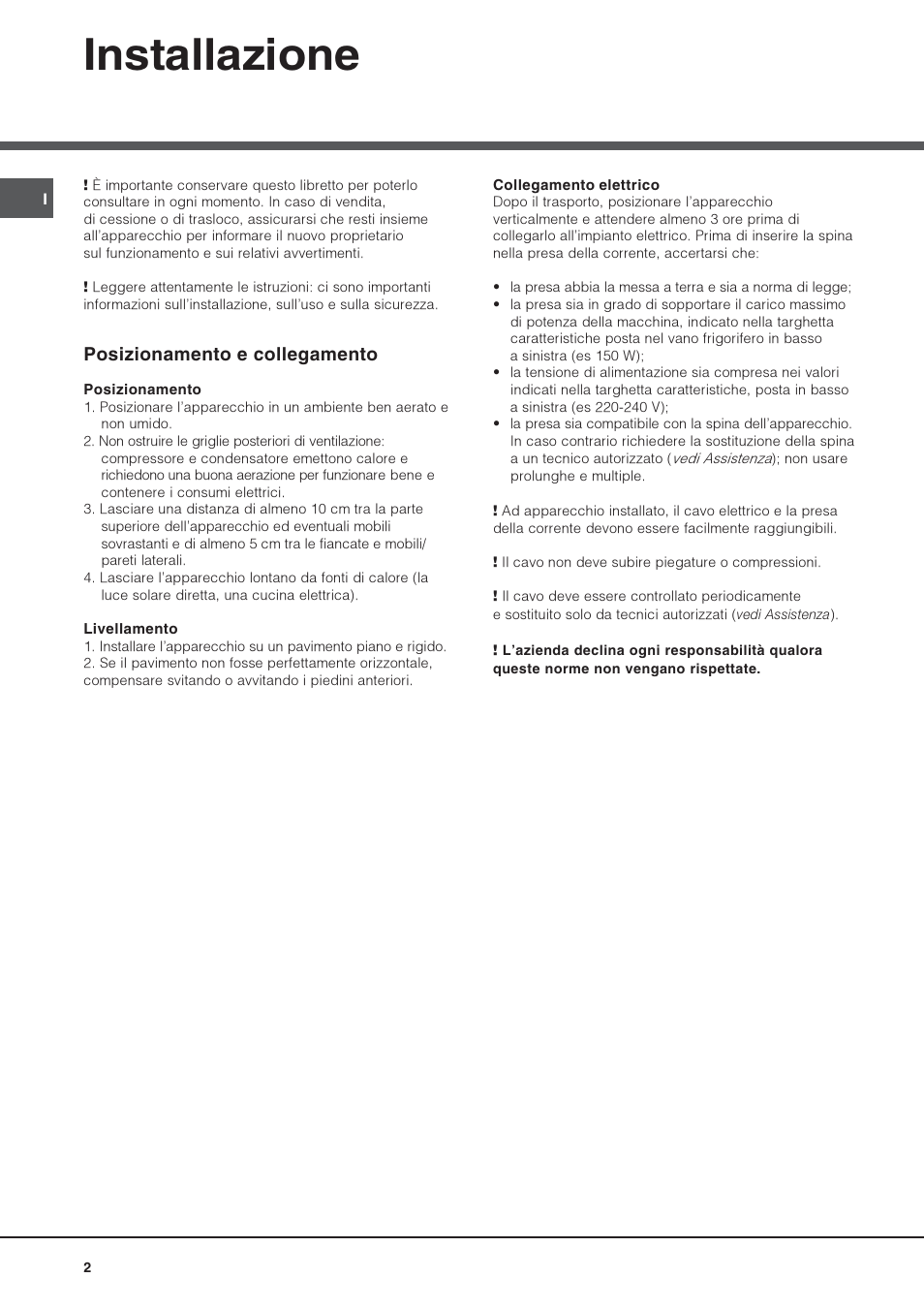 Installazione, Posizionamento e collegamento | Hotpoint Ariston Double porte NMTM 1922 FWB-HA User Manual | Page 2 / 40