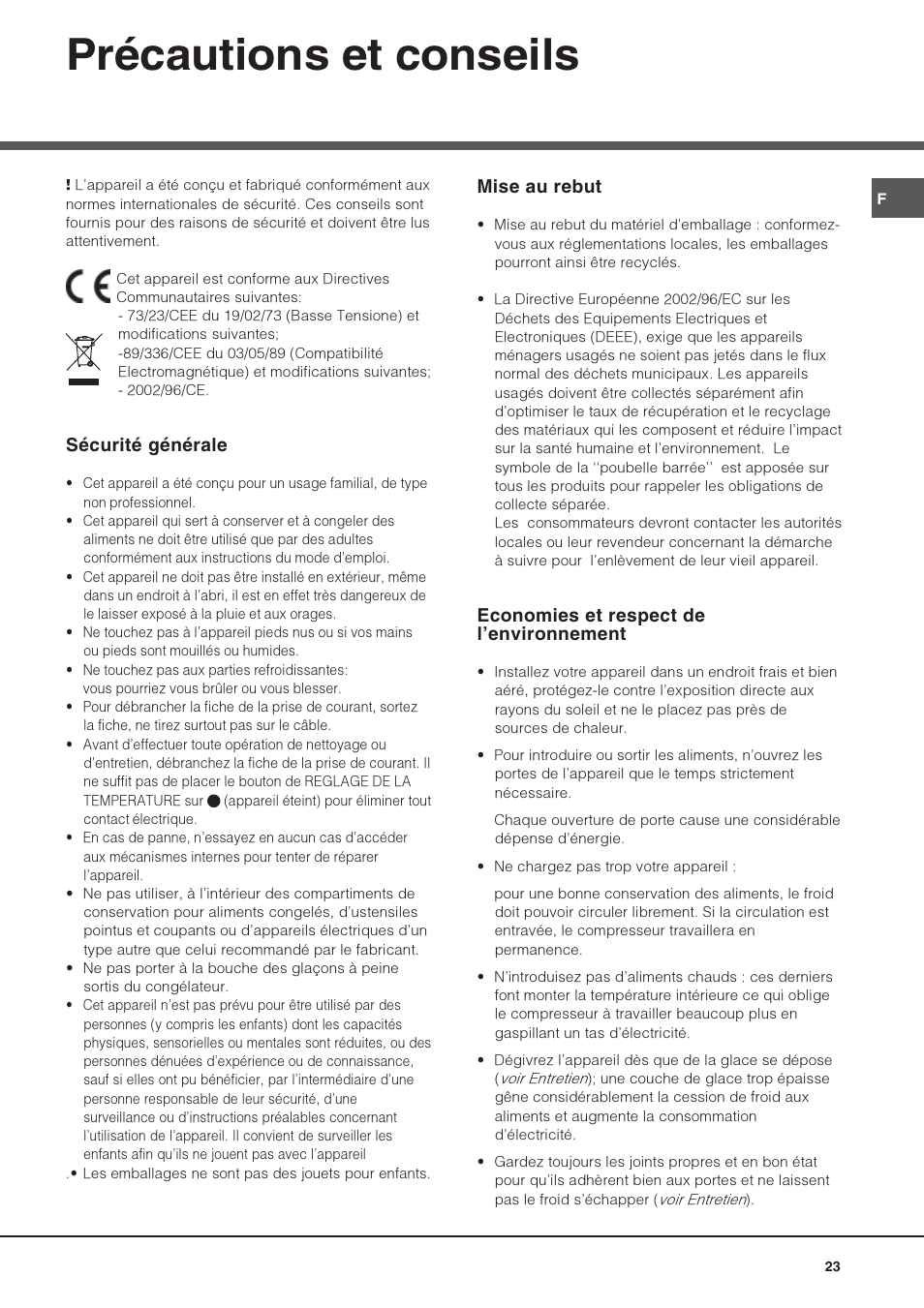 Précautions et conseils, Sécurité générale, Mise au rebut | Economies et respect de lenvironnement | Hotpoint Ariston Double porte NMTM 1922 FWB-HA User Manual | Page 23 / 40