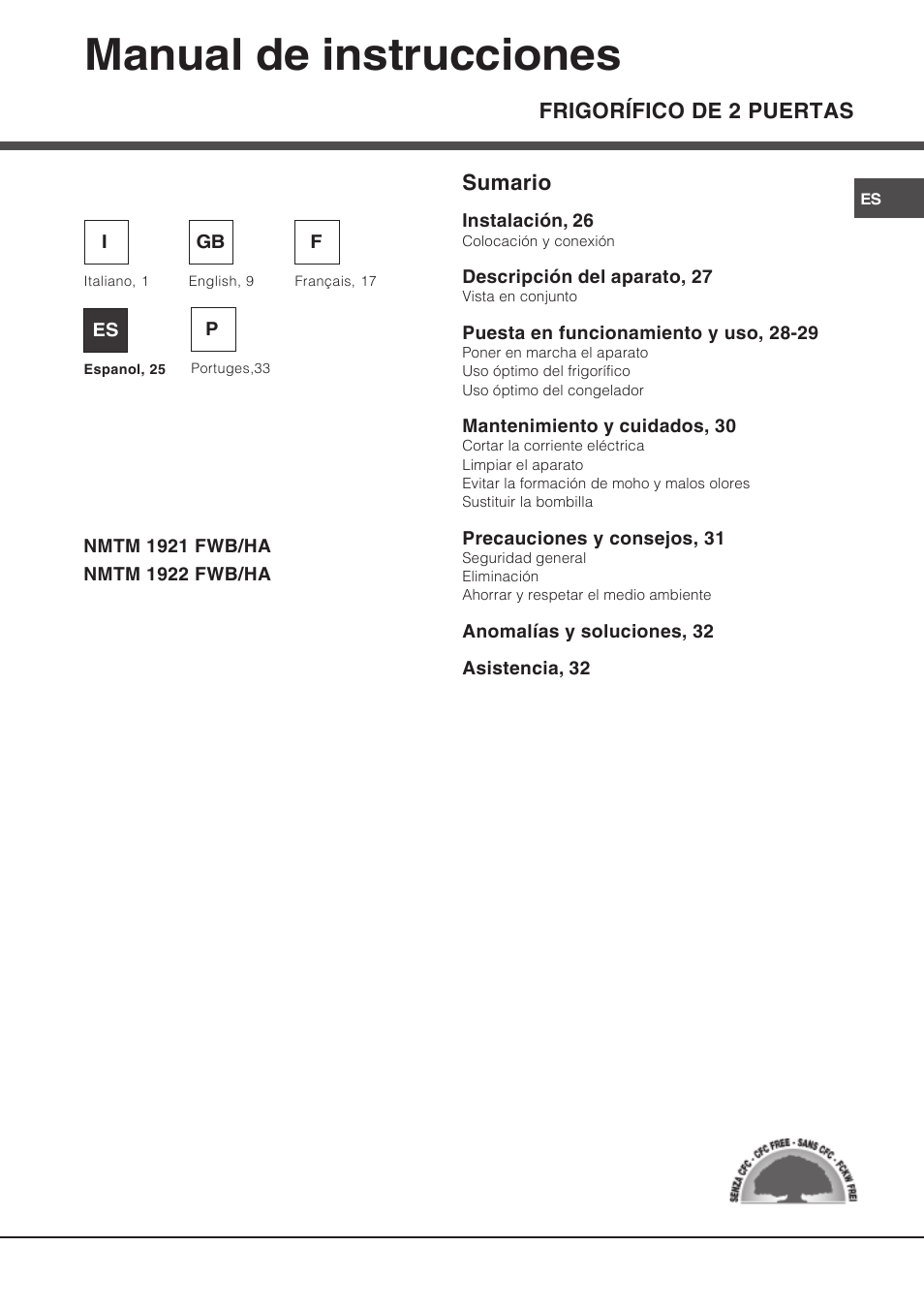 Manual de instrucciones, Frigorífico de 2 puertas sumario | Hotpoint Ariston Double porte NMTM 1922 FWB-HA User Manual | Page 25 / 40