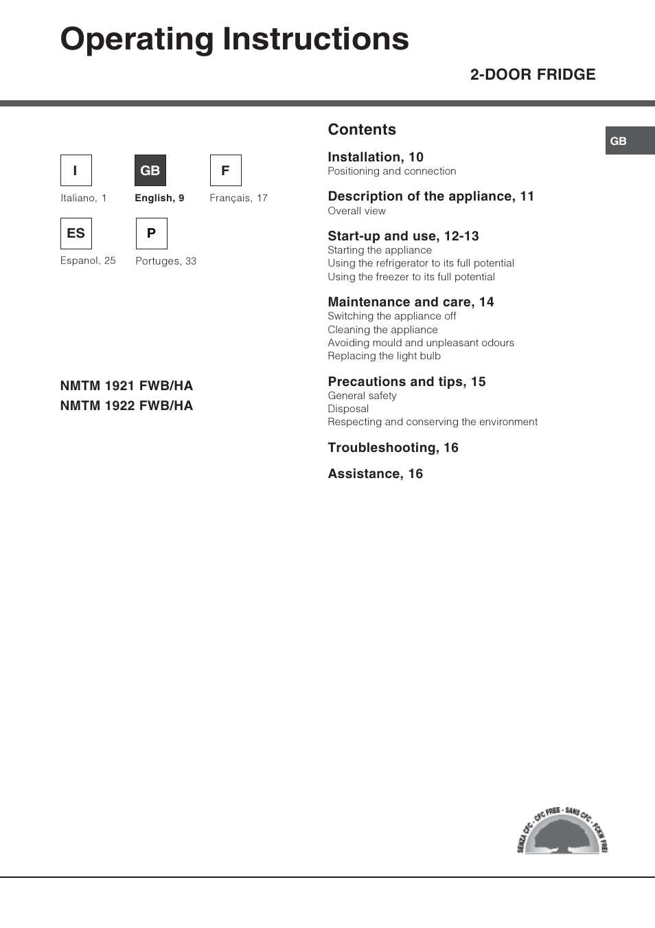 Operating instructions, Door fridge contents | Hotpoint Ariston Double porte NMTM 1922 FWB-HA User Manual | Page 9 / 40
