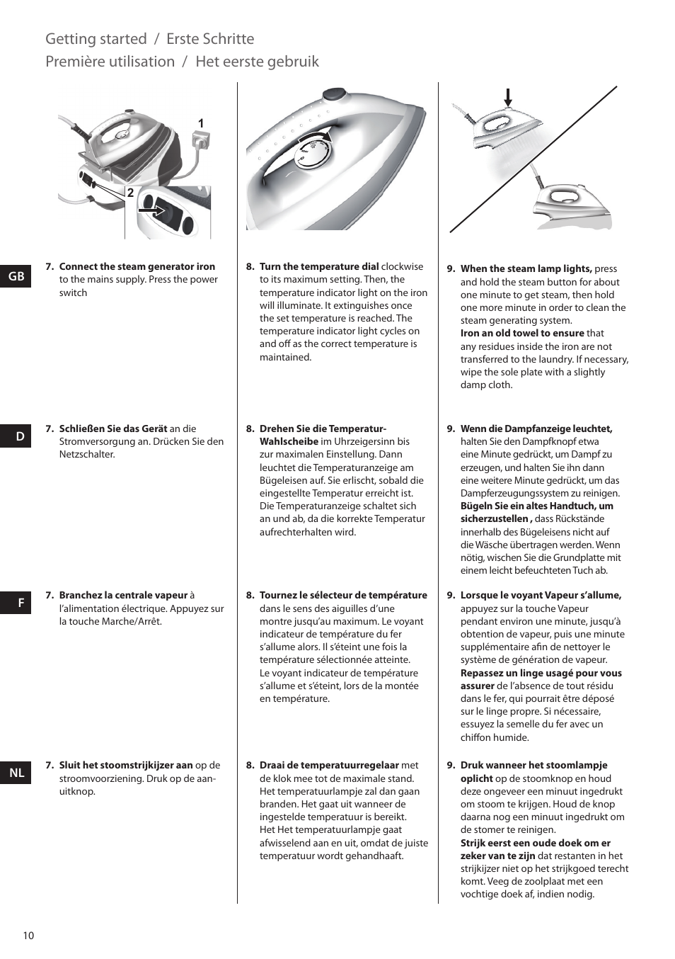 Getting started, Erste schritte, Première utilisation | Het eerste gebruik | Electrolux EDBS2300 User Manual | Page 10 / 124