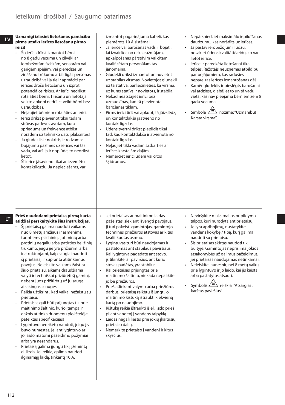 Ieteikumi drošībai, Saugumo patarimas | Electrolux EDBS2300 User Manual | Page 112 / 124