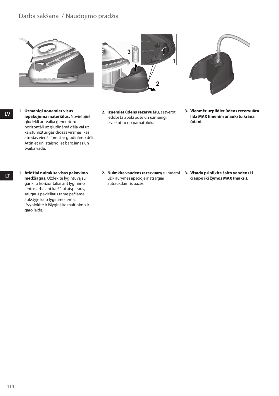 Darba sākšana, Naudojimo pradžia | Electrolux EDBS2300 User Manual | Page 114 / 124