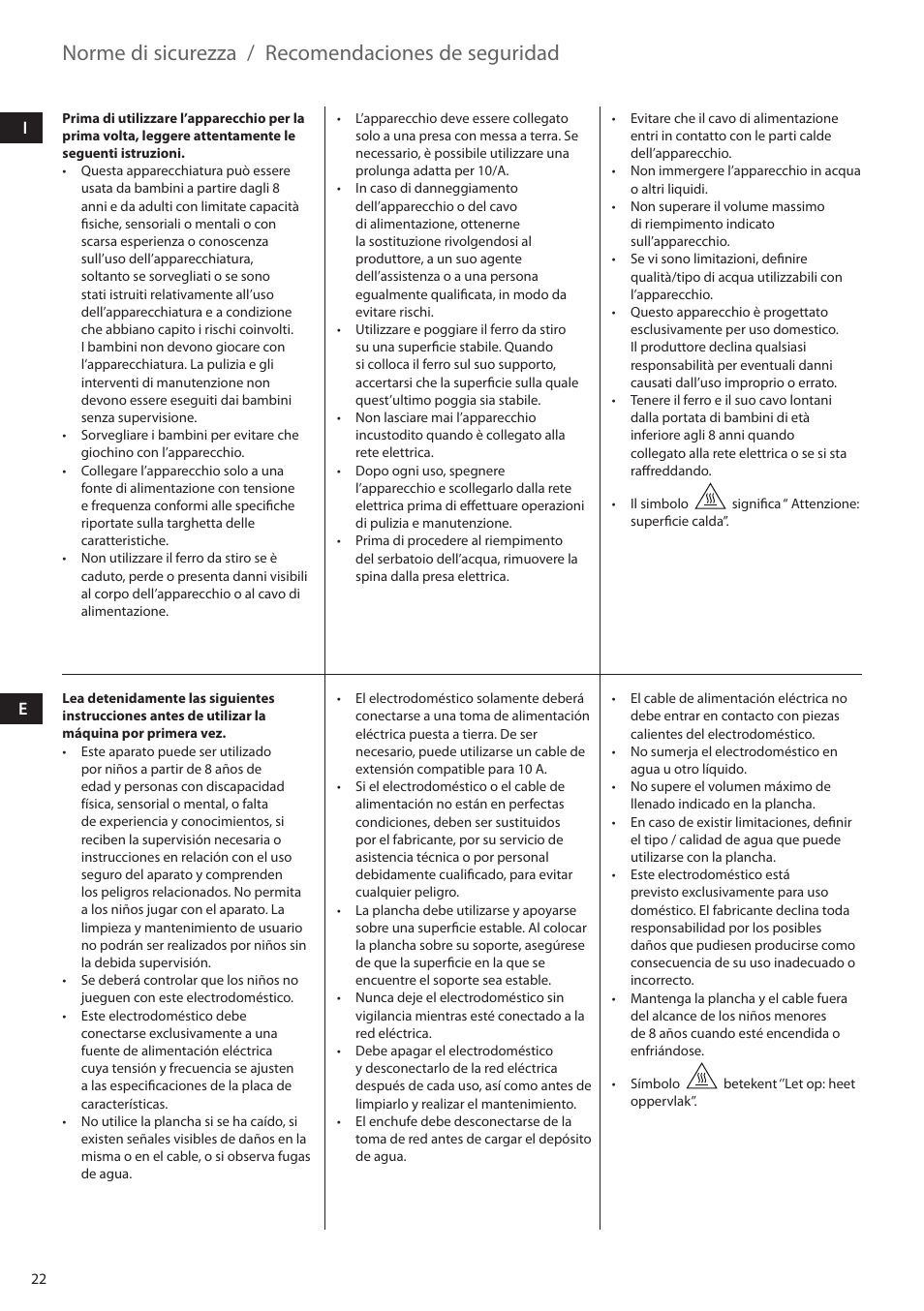 Norme di sicurezza, Recomendaciones de seguridad | Electrolux EDBS2300 User Manual | Page 22 / 124