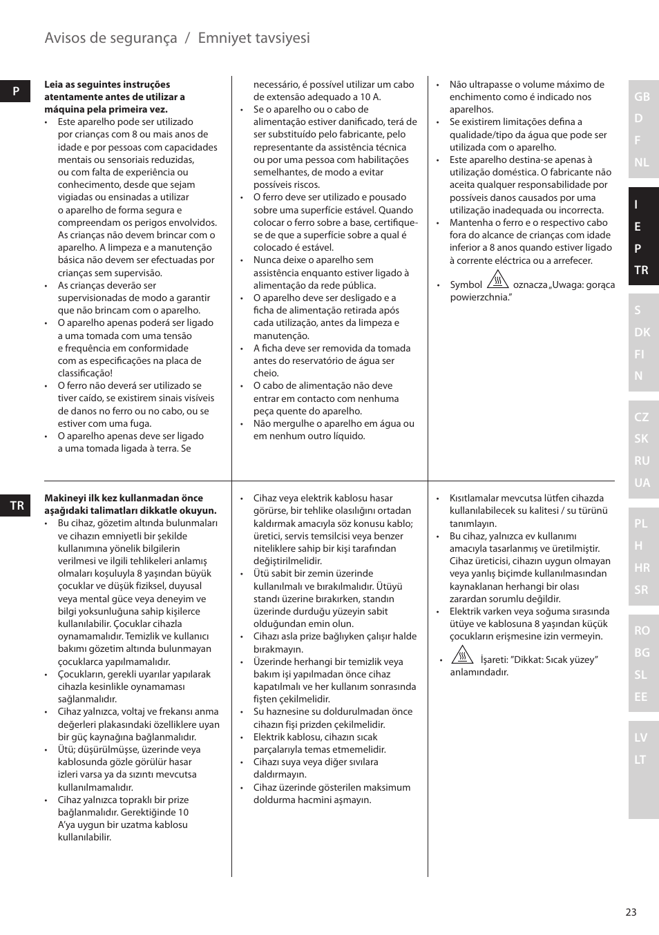 Avisos de segurança, Emniyet tavsiyesi | Electrolux EDBS2300 User Manual | Page 23 / 124