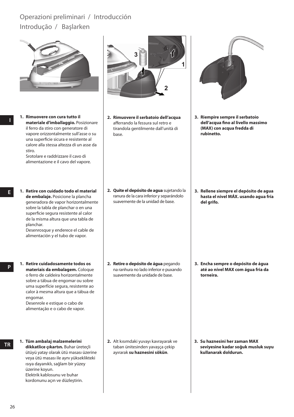 Operazioni preliminari, Introducción, Introdução | Başlarken | Electrolux EDBS2300 User Manual | Page 26 / 124