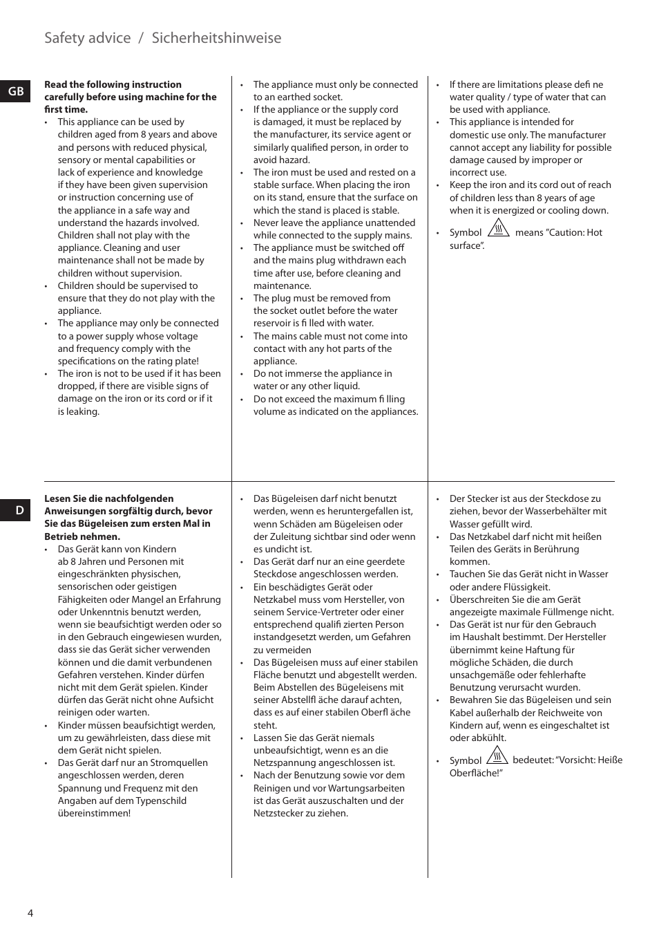 Safety advice, Sicherheitshinweise, Gb d | Electrolux EDBS2300 User Manual | Page 4 / 124