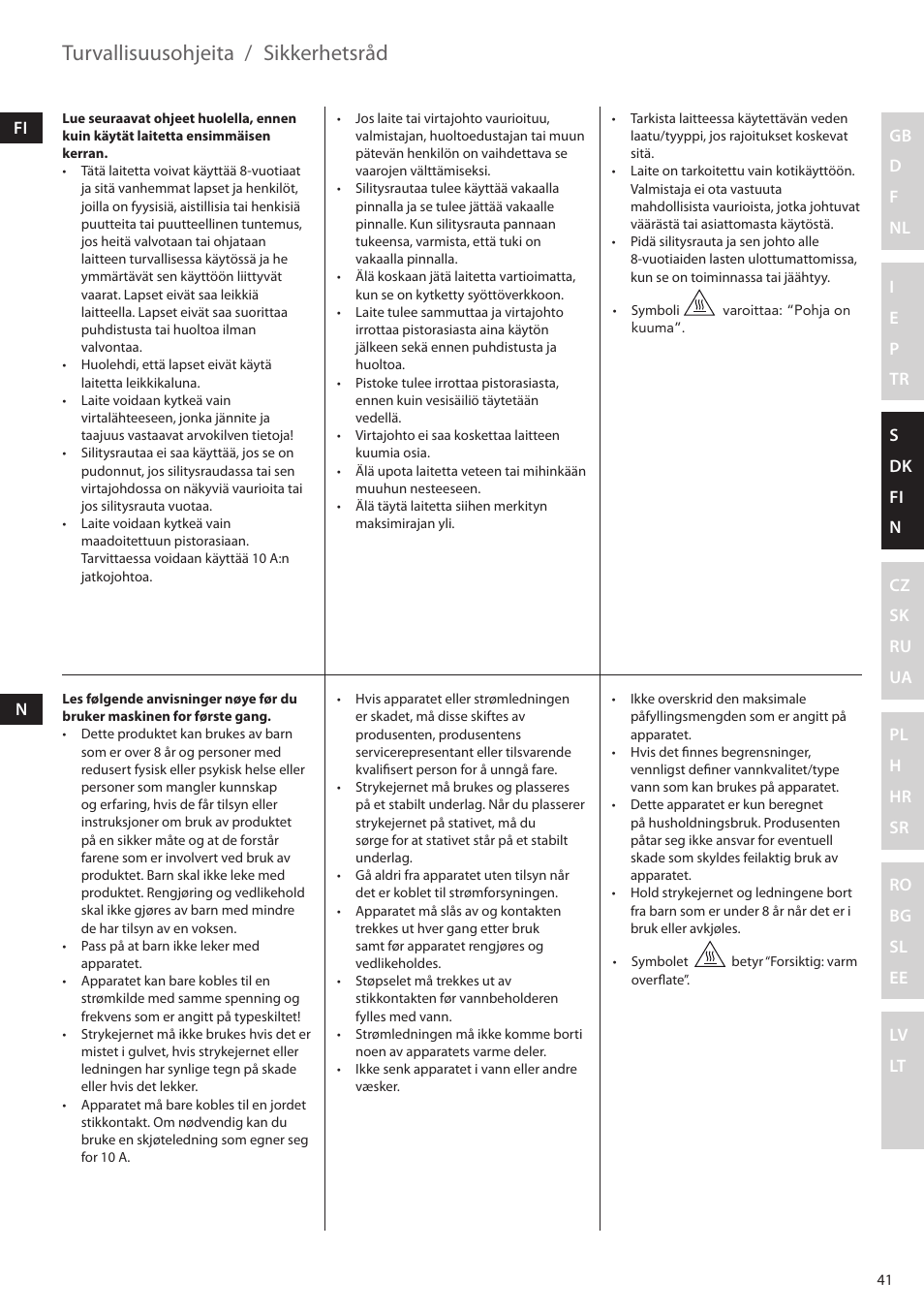 Turvallisuusohjeita, Sikkerhetsråd | Electrolux EDBS2300 User Manual | Page 41 / 124