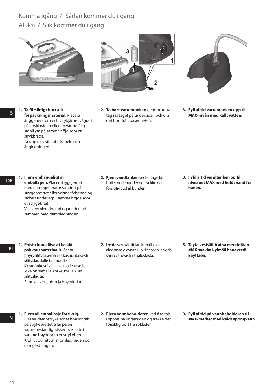 Komma igång, Sådan kommer du i gang, Aluksi | Slik kommer du i gang | Electrolux EDBS2300 User Manual | Page 44 / 124