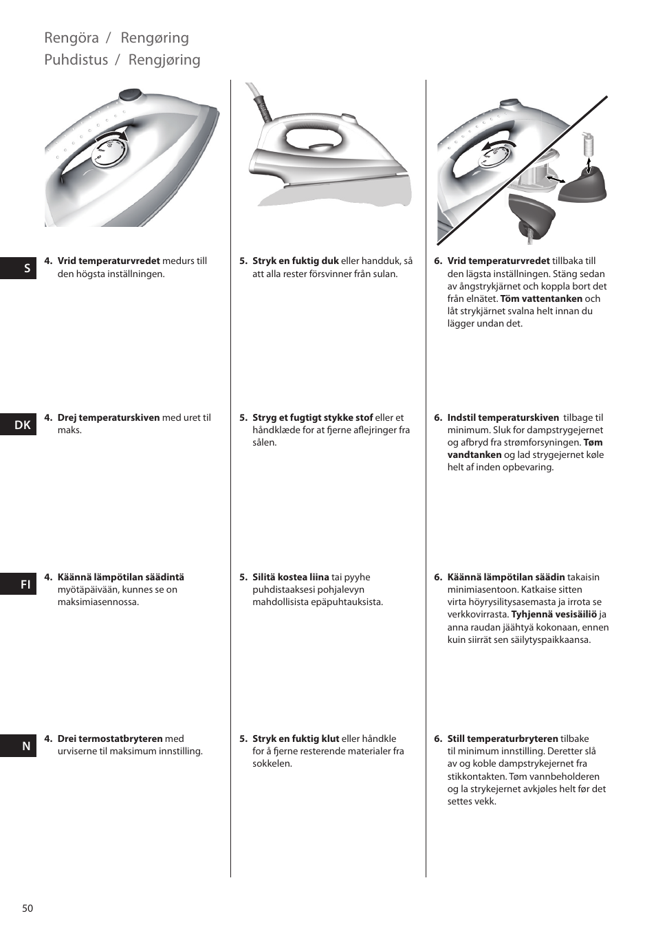 Rengöra, Rengøring, Puhdistus | Rengjøring | Electrolux EDBS2300 User Manual | Page 50 / 124