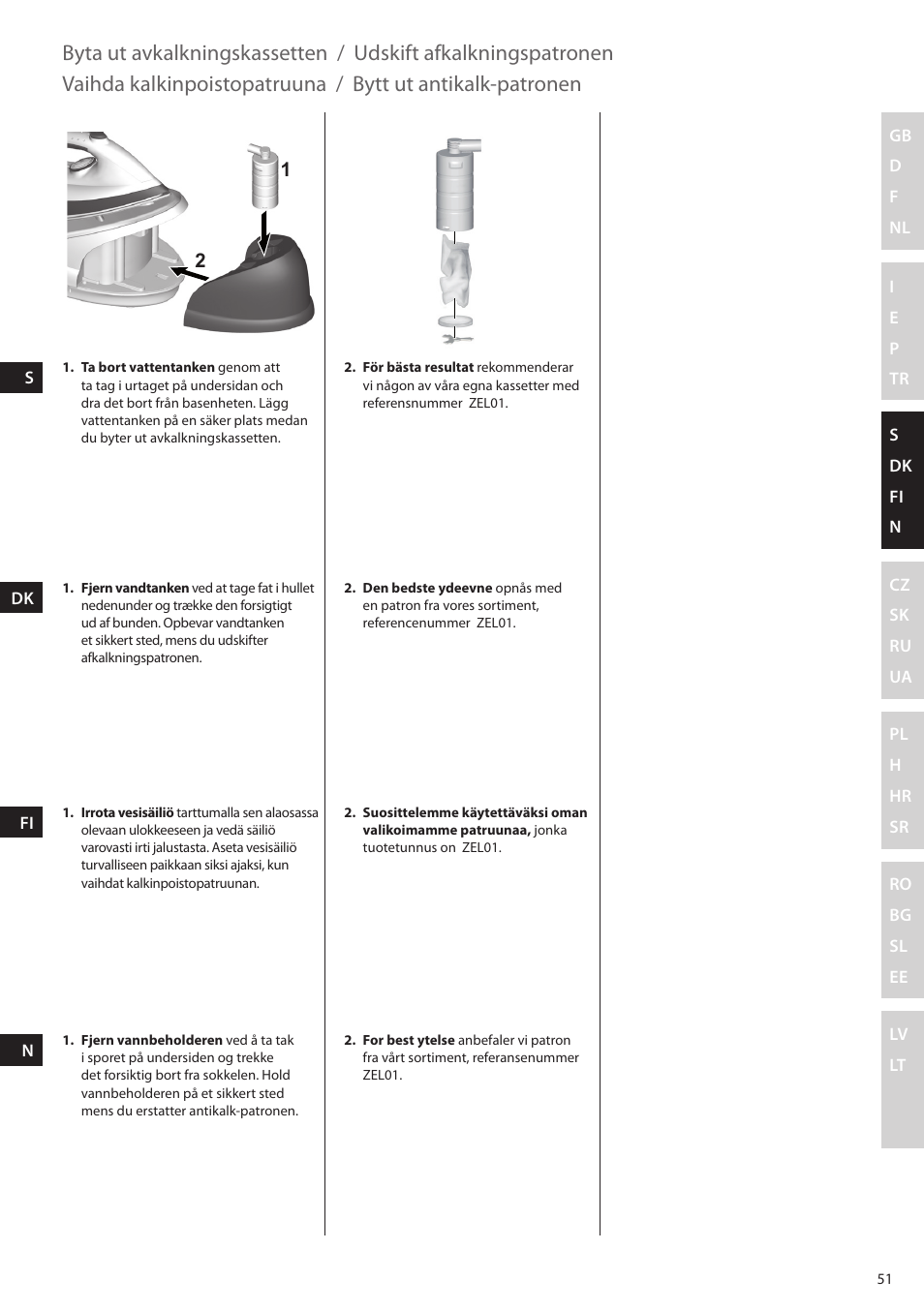 Byta ut avkalkningskassetten, Udskift afkalkningspatronen, Vaihda kalkinpoistopatruuna | Bytt ut antikalk-patronen | Electrolux EDBS2300 User Manual | Page 51 / 124