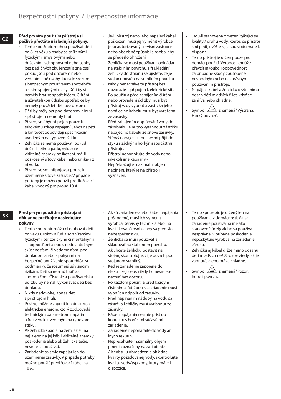 Bezpečnostní pokyny, Bezpečnostné informácie, Cz sk ua | Electrolux EDBS2300 User Manual | Page 58 / 124