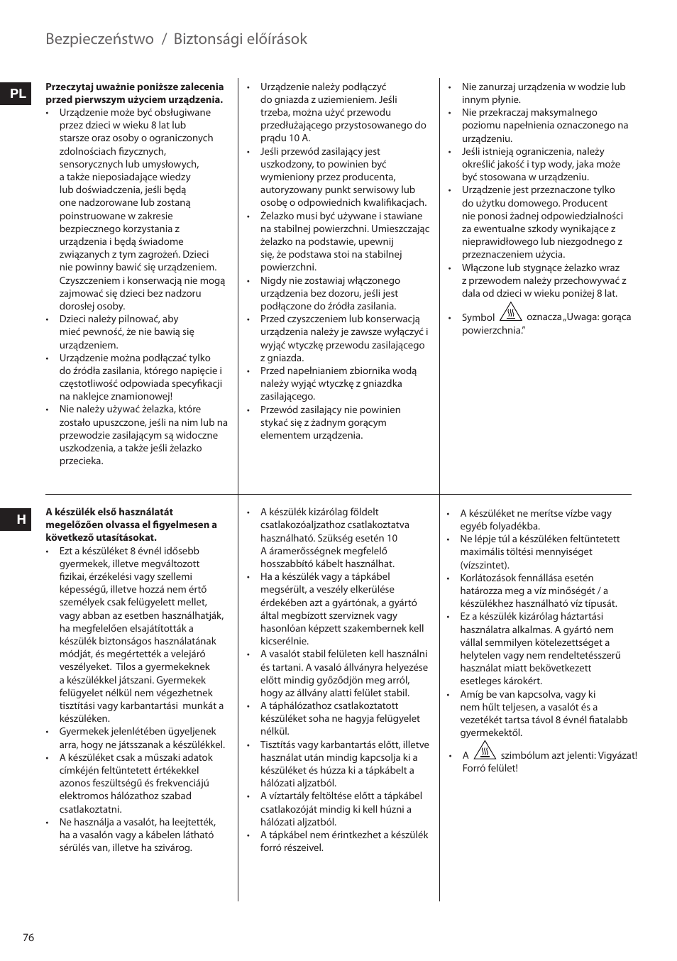 Bezpieczeństwo, Biztonsági előírások, Pl h | Electrolux EDBS2300 User Manual | Page 76 / 124